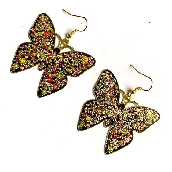 Golden Butterfly Etched Multicolor Drop Earrings - Picture 5 of 6